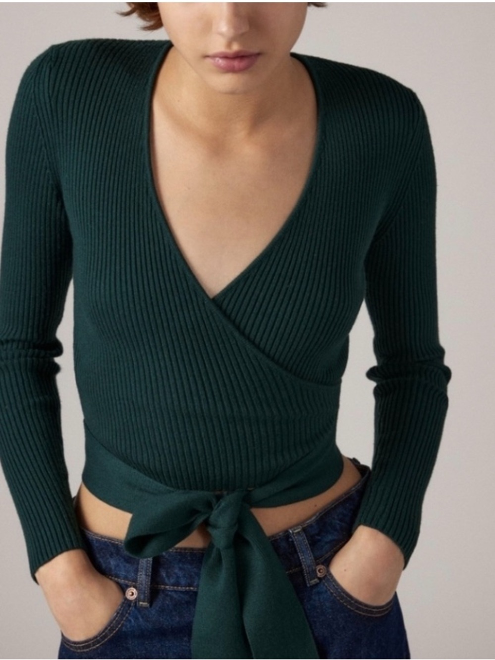 ZARA ribbed knit wrap sweater emerald green medium
